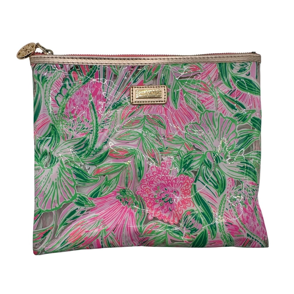 Lilly Pulitzer Pink Green Floral Clean PVC Cosmetic Pouch Wristlet Clutch 10x9